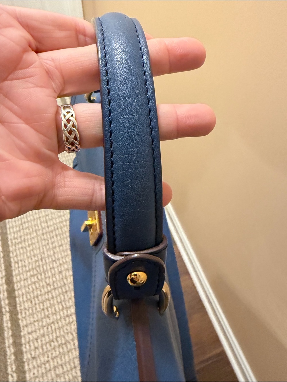 MCM Blue Leather Top-Handle Satchel Bag with Gold Hardware - Picture 13 of 15